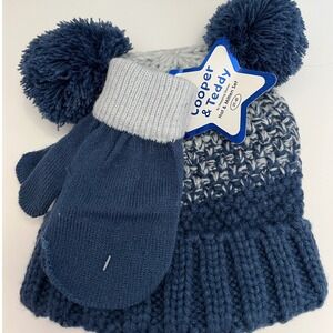 NWT Cooper & Teddy Kids Hat and‎ Mitten Set Blue Gray Pom Pom Knit size 2T-4T